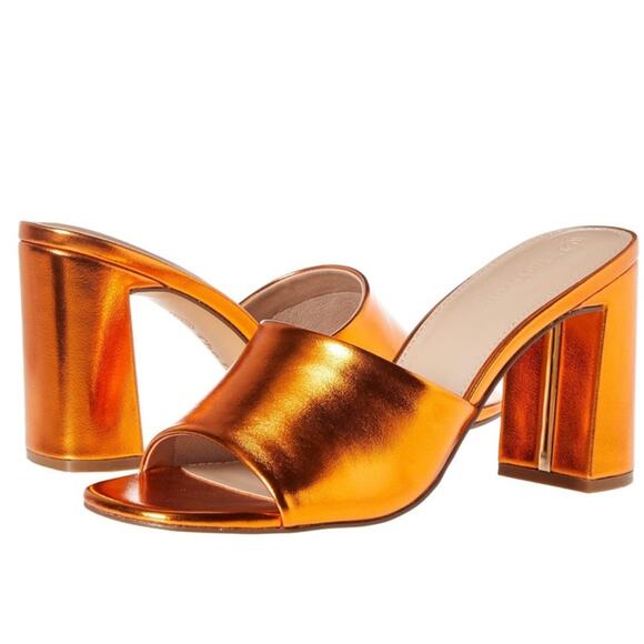 NWT The Drop Pattie High Block Heeled Mule Sandal Fire Orange Metallic Size 6.5 - Picture 1 of 8